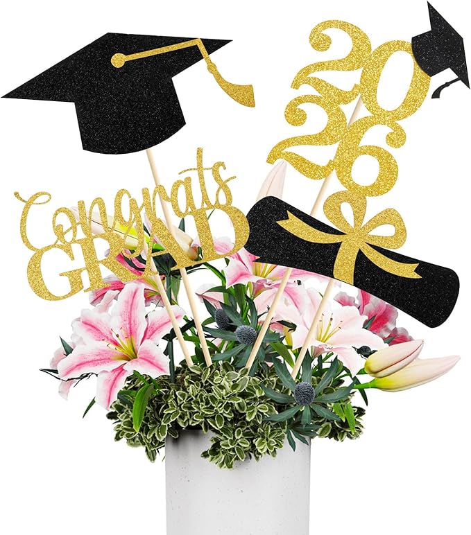 Graduation Decorations 2026, 16 PCS Black Gold Graduation Centerpieces for Tables, Double-Sided Table Toppers Centerpieces, Class of 2026 Grad Party Decorations 2026