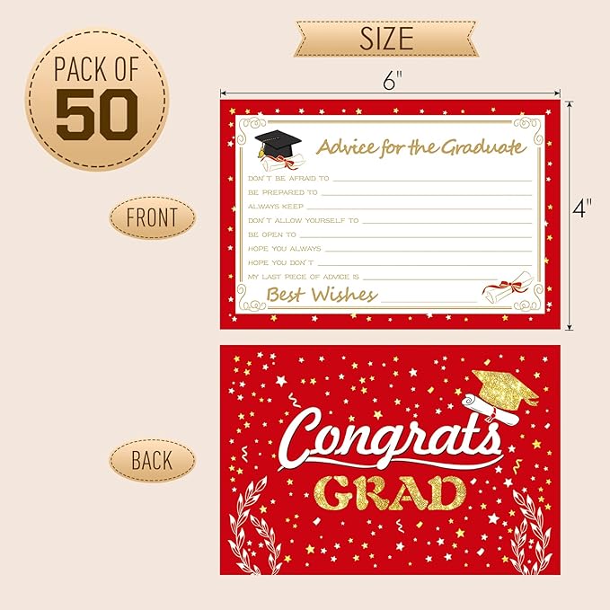 Graduation Wish & Advice Cards - 50PCs Graduation Party Supplies Advice Cards for Class of Graduation Party, Graduation Favors Cards for High School/College/Senior School, 4x6 in, Red