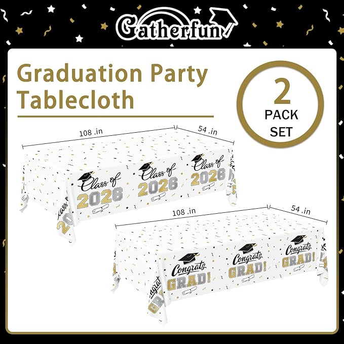 Gatherfun 2026 Graduation Decorations : 2-Pack Congrats Grad Disposable Tablecovers - Class of 2026 White Themed Table Cloths, for Graduation Party Supplies & Graduation Backdrop, 54" X 108"
