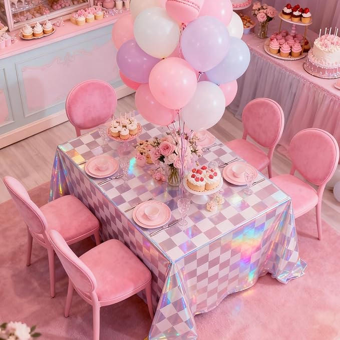 3-Pack Vibrant Pink Checkered Tablecloths, Holographic Glittering Disposable Plastic Tablecloths, 54 Inches x 108 Inches, Suitable for Picnics, Birthday Parties, Racing Theme Decorations