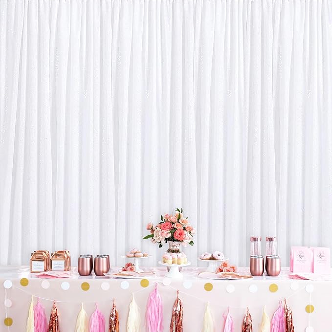 White Sequin Backdrop 2 Panels Curtains 2FTx8FT Party Backdrop Glitter Birthday Wedding Curtains Sparkle Photo Background