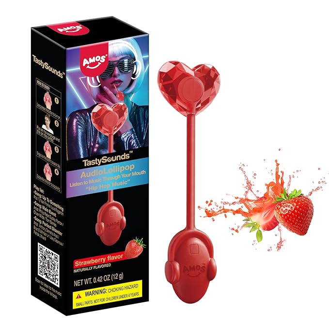 Amos Music Lollipop Candy, Audio Singing Lollipop, Unique Gift for Friends, Individually Wrapped Natural Strawberry Flavor - Pack of 1