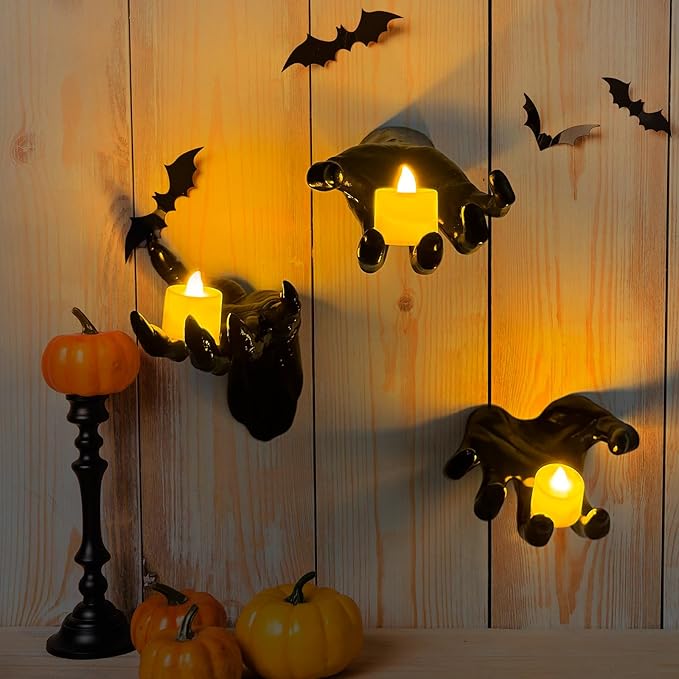 DAZONGE Halloween Decorations, Pack of 6 Wall Mounted Creepy Reaching Hands with Lighted Candles, Life-Sized Horror Hands for Gothic Wall Decorations, Scary Halloween Decorations Indoor