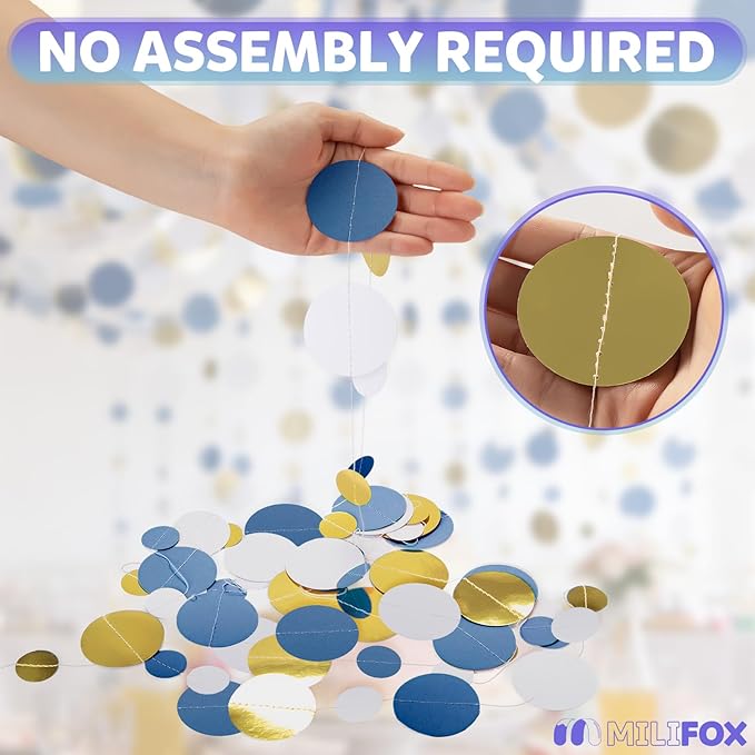52FT Party Garlands, Paper Garland Circle Dots, Hanging Circle Banner Decorations for Birthday, Party, Wedding, Baby Shower, Graduations, Christmas, Wall Decor (Gold White Blue Garlands)