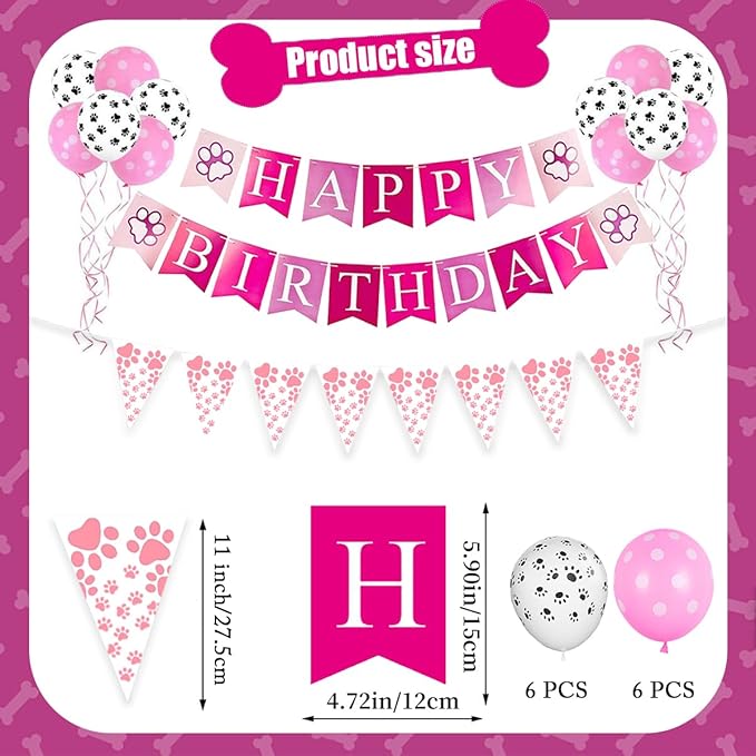 Dog Themed Puppy Paw Balloons Happy Birthday Party Banner for Girls & Women DIY Party Supplies (Pink Banner+Latex Balloon)