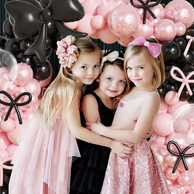 Pink and Black Balloons Arch Kit,189Pcs Pink and Black Birthday Party Decorations with Bow Foil Double Stuffed Pearl Pink Balloons Ribbon Pearl Stickers for Birthday Bachelor Bridal Baby Shower