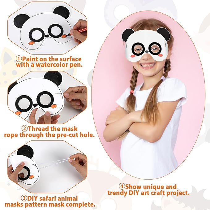 36 Set Animal Coloring Mask Jungle Animal Paper Art Craft Kid Color Your Own Panda Blank DIY Mask Masquerade Birthday Party Dress-Up Decoration Favor School Classroom Activity Game Supplies