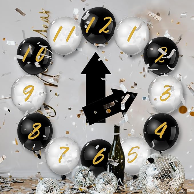 14 Pcs New Year Eve Party Decor Kit Wall Clock Countdown Balloons Set with Confetti Inside, Countdown Celebration Picture Ready Wall for Year End Decor Celebration (Black Sliver Gold)