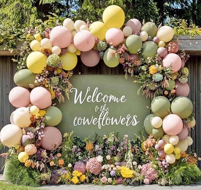 Pink Green Yellow Balloon Arch Double Stuffed, Dusty Green Light Yellow Mauve Ivory Pastel Balloon Garland Kit for Baby Shower Birthday Bridal Wedding Flower Valentine Party Decoration