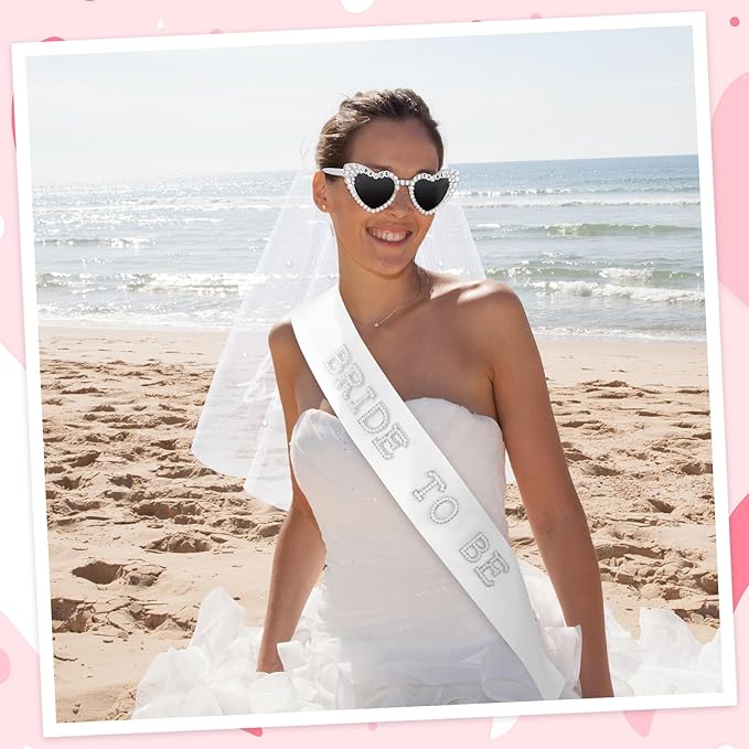 8 Pcs Bachelorette Party Bride to Be Decorations Pearl Heart Sunglasses Pearl Sash Bridal Veil for Wedding Engagement Bridal Shower Favors