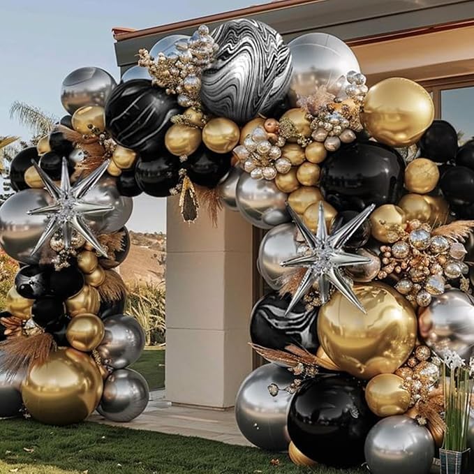 Black and Gold Balloon Garland Arch Kit New Year with 4D Disco Ball Explosion Star Balloons, Black Silver Gold Balloons for 2026 New Year Eve Grad Birthday Retirement Party Decorations