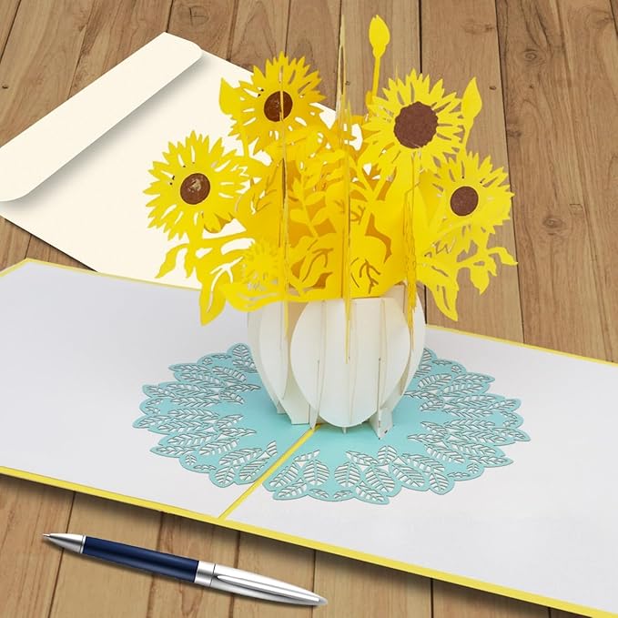 iGifts And Cards Inspirational Sunflowers 3D Pop-Up Card – Sunflower Bouquet in White Vase – Friendship, Thinking of You, Welcome Home, Housewarming, Encouragement Gift – 6 x 6 Handmade Floral Card