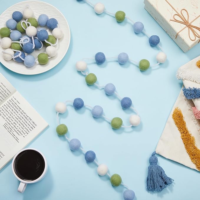 Boao 2 Pieces Wool Felt Ball Garland Colorful Pom Pom Garland Handmade 6.5 Feet Long 24 Balls Felt Banner for Wall Christmas Tree Decoration (Sage Green,Dusty Blue,White)