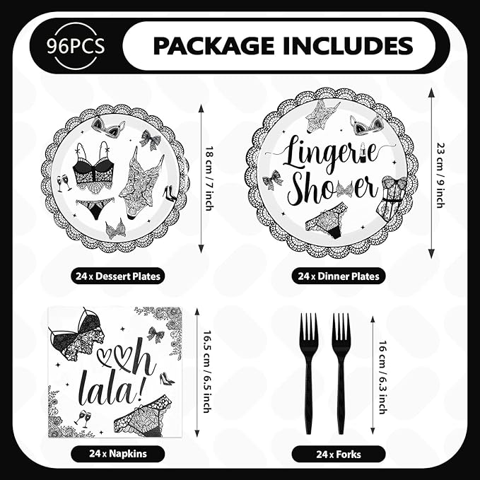 96Pcs Black Lingerie Bridal Shower Decorations Bras and Panties Plates and Napkins Lingerie Bachelorette Party Tableware for Women Girls Underwear Bachelorette Bridal Shower Party Supplies Serves 24