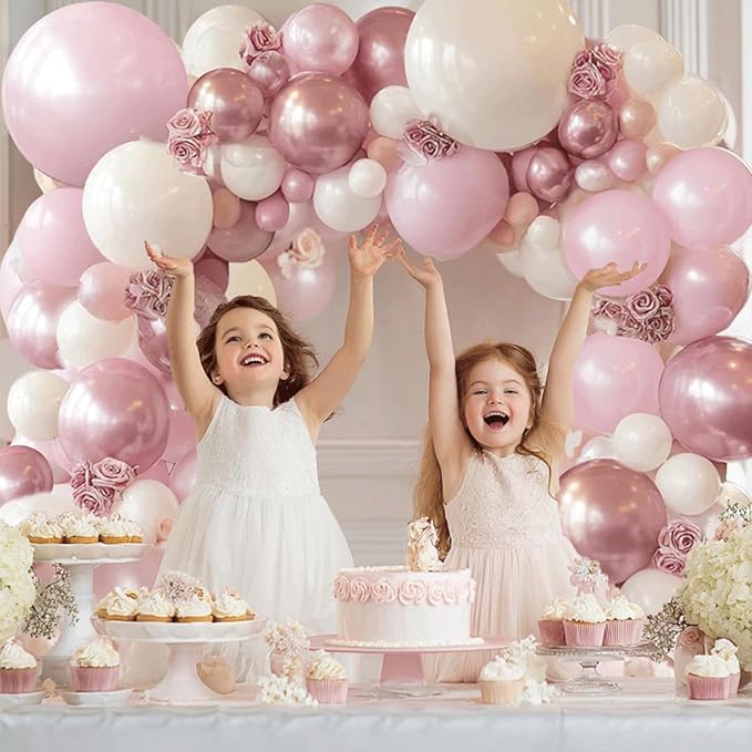 Pink and White Balloons Arch Kit,Double Stuffed Pearl Light Pink Metallic Pink Balloon Sand White Beige Ivory Balloons Garland Kit for Birthday Wedding Valentine's Day Bridal Shower Party Decoration