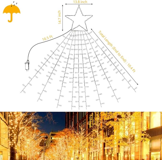 Christmas Decoration Star Lights Outdoor, 320 LED 16.4Ft Christmas Tree Toppers String Lights [8 Modes& Waterproof] for Halloween Christmas New Year Holiday Birthday (Iron-Warm White)