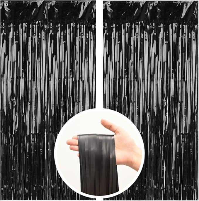 Pack of 2 Black Foil Fringe Curtains – Black Tinsel Backdrop for Photo Booth, Birthday, Wedding, Baby Shower, Bachelorette, Christmas & Holiday Party Decorations