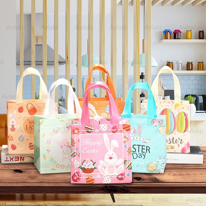 6PCS Happy Easter Egg Hunt Bags Easter Bunny Carrot Chick Egg Gift Bags with Handles, Easter Treat Bags, Multifunctional Non-Woven Bags for Gifts Wrapping, Egg Hunt Game, Easter Party Supplies,