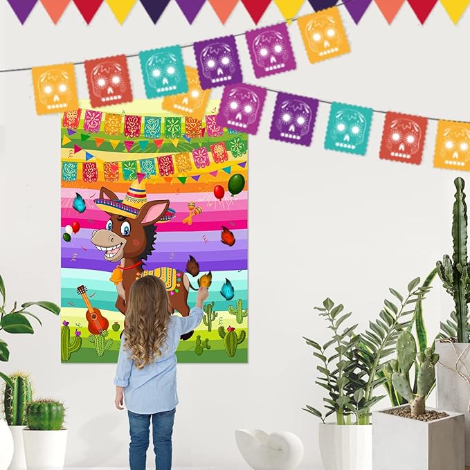 NEBURORA Pin The Tail on The Donkey Mexican Donkey Game with 24Pcs Tails Cinco De Mayo Party Mexican Party Fiesta Themed Taco Party Decorations Kids Birthday Supplies