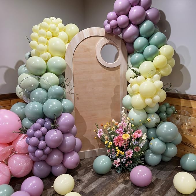 Pink Purple Green Balloon Arch Kit, 122Pcs Dusty Pink Light Green Macaron Yellow Pastel Balloons for Kids Girl Flower Party Decorations Spring Baby Shower Wedding Engagement Fairy Birthday Supplies