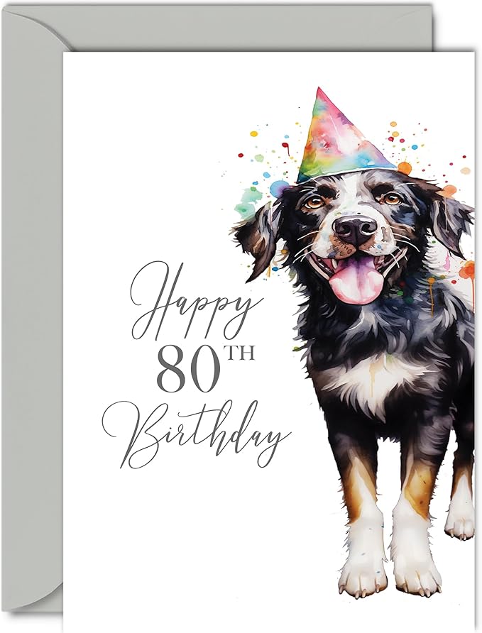 80th Birthday Cards for Men Women - Party Dog - Happy Birthday Card for 80 Year Old Man Woman Grandpa Grandma Dad Mom Uncle Auntie Cousin, A5 Bday Greeting Cards