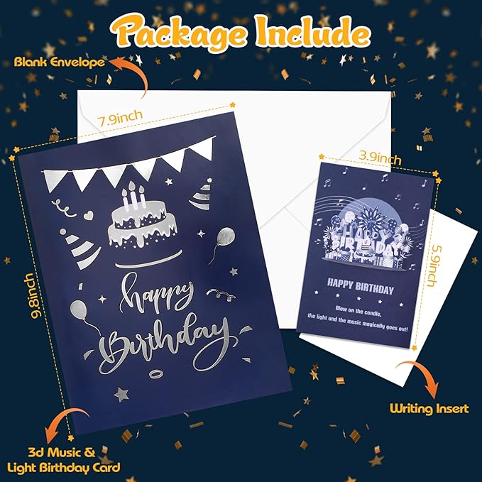 INPHER Musical Birthday Card 3D Pop Up with Light Blow Out LED Candle and Plays Happy Birthday Music Surprise Greeting Cards Gifts for Women Navy Silver