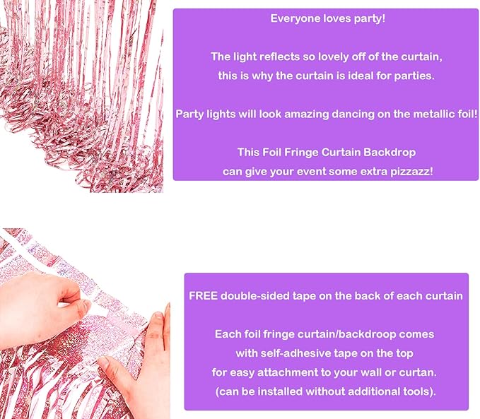 2 Pack 3.2ft x 8.3ft Foil Fringe Backdrop Metallic Tinsel Door Window Curtain Party Photo Booth Props for Birthday Bachelorette Wedding Graduation Party Decorations (Pink)