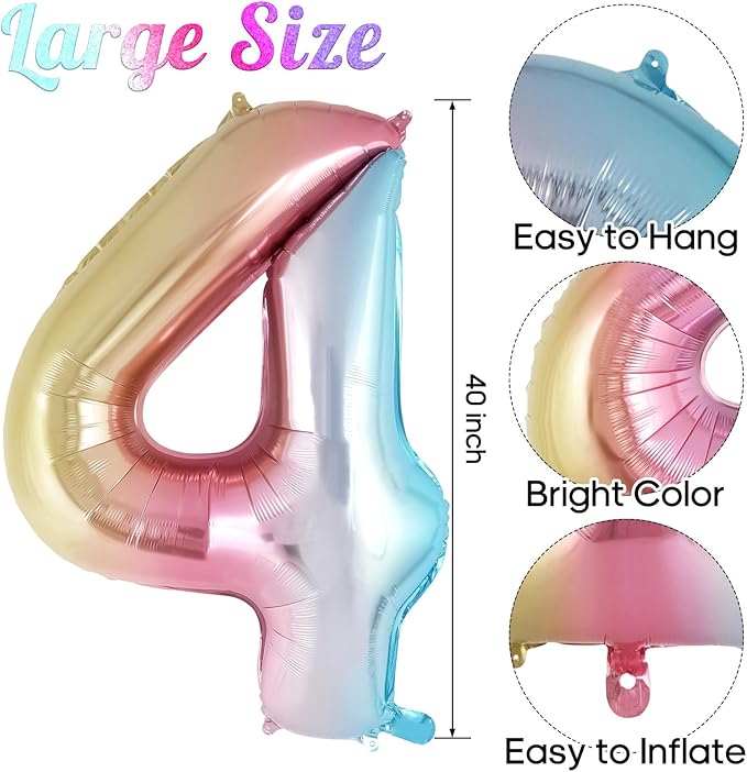 Rainbow Gradient Number 4 Balloon, 40 Inch Big Large Foil Number Balloons, Jumbo Mylar Number 4 Balloons for 4 Year Old Birthday Party Decorations Supplies Anniversary Celebration