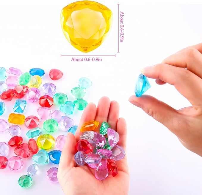 Niceup 200+pcs Kids Gemstones Toys for Pirate Treasure Princess Party Favor Pool Diving Gems Vase Filler Plastic Acrylic Fake Jewels Decors with Heart Diamond Drop Oval Rectangle Square Triangle