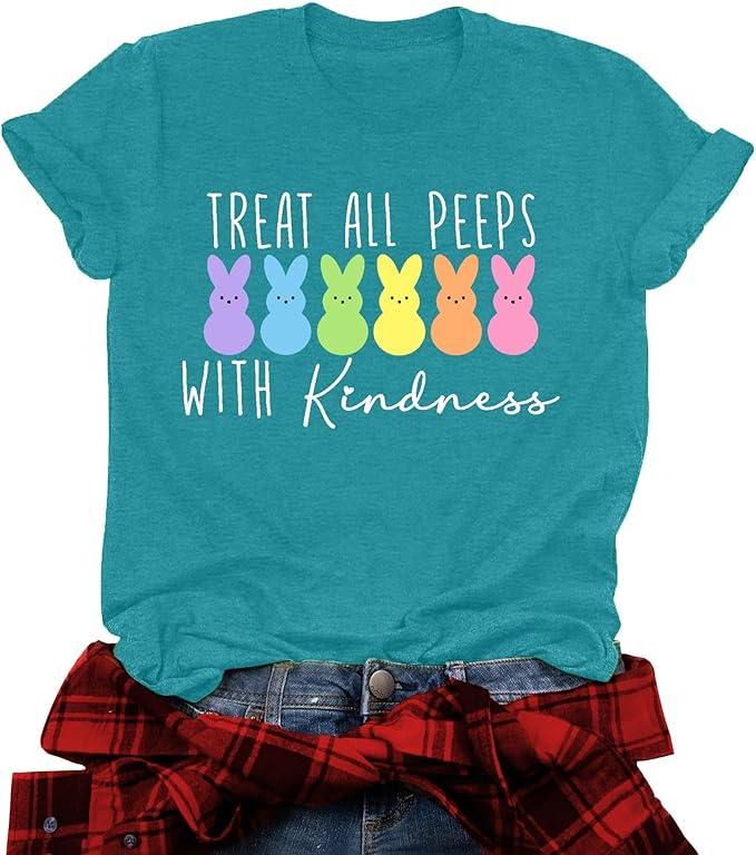 LAZYCHILD Women Easter Teacher Shirts: Funny Treat All with Kindness T-Shirt Bunny Rabbit Tee Tops