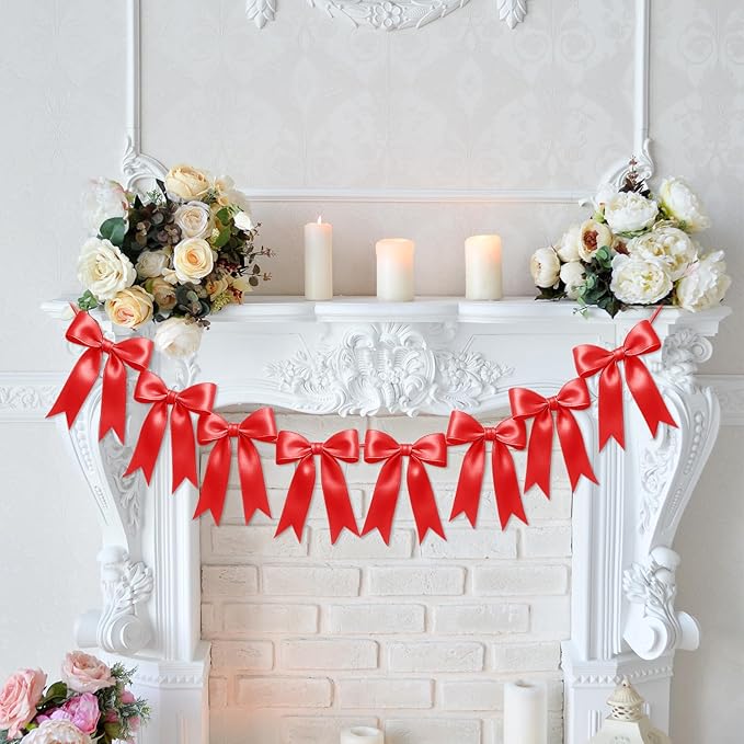 1 String of 8PCS Red Bow Garland Banner Decoration,Pre-Strung Satin Ribbon Ornaments for Birthday,Bachelorette Party, Bridal Shower,Wedding,Engagement, Baby Shower,Graduation Decor,Valentine's Day