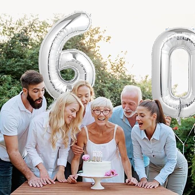 Number Balloons Silver Party Balloon - Giant Number 60 Balloon, 40 Inch Large Balloon for 60th Birthday Decorations, Silver Party Supplies for Anniversary