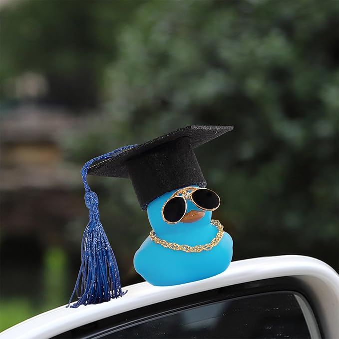 wonuu Car Dashboard Decor Graduation Hat Color Rubber Duck, Car Ducks Ornaments with Mini Graduation Hat Necklace Sunglasses (Blue)