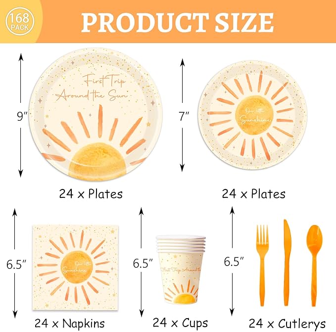 168Pcs Boho First Trip Around The Sun Birthday Decorations- Boho Party Set with Bohemian Hippie Sunshine Theme Party Tableware Decorations Including Plates,Cups,Napkins,Baby Shower Party for 24 Guests