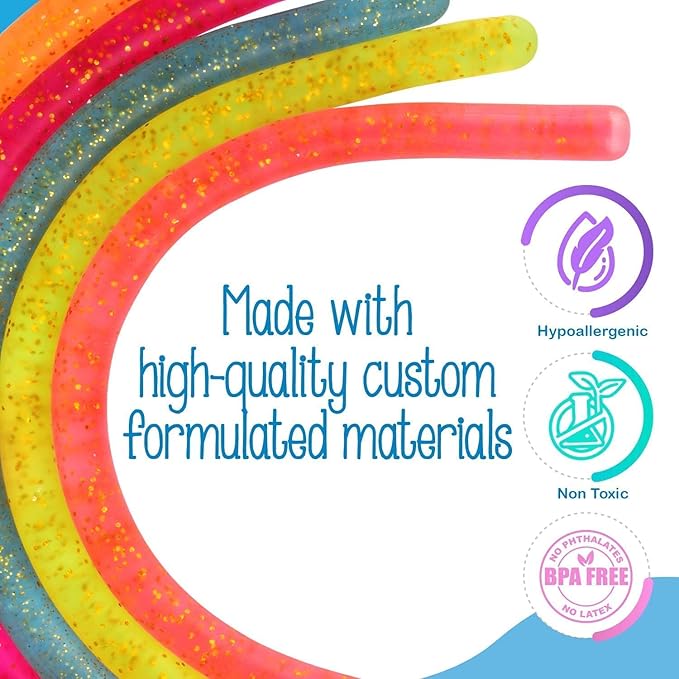 IMPRESA Glitter Sensory Noodle Strands - Monkey Noodle Fidget for Stress Relief & Focus - Sparkly Stretchy Strings & Latex-Free Sensory Balls - Medium, Multicolor, 5-Pack, Glitter Magic