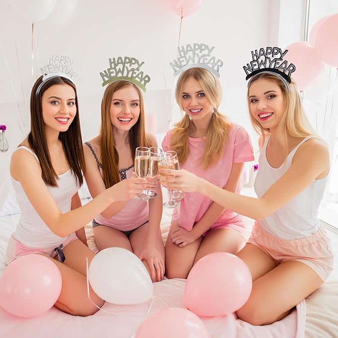 minkissy 12pcs Happy New Year Headband Tiara, Aluminum Foil Party Headbands New Years Eve Party Supplies for Christmas Holiday