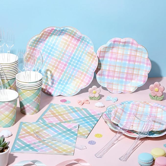 50 Sets Easter Spring Pastel Gingham Disposable Tableware Pastel Paper Plates Cups Napkins Clear Knives Forks Spoons for Birthday Baby Shower Wedding Party Decoration