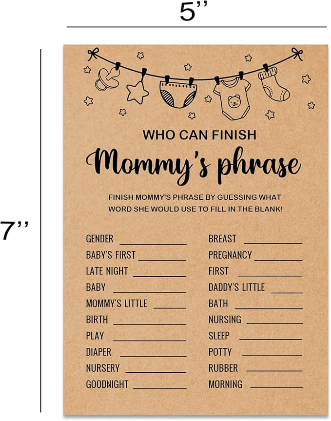 Baby Shower Game, Who Can Finish Mommy's Phrase Game Cards, Set of 30 Cards, Baby Shower Party Games Supplies & Activities, Gender Reveal Games For Guests, Baby Shower Ideas, Kraft