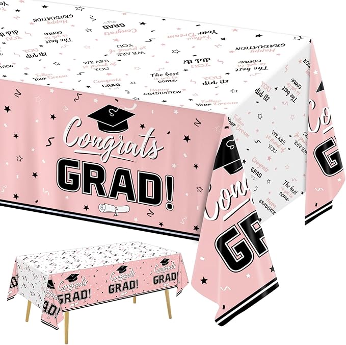 Oigco Graduation Decorations Congrats Grad Graduation Tablecloth for 2026 Graduation Party Supplies, 3 Pcs Pink Plastic Table Cloths, 54"x108"