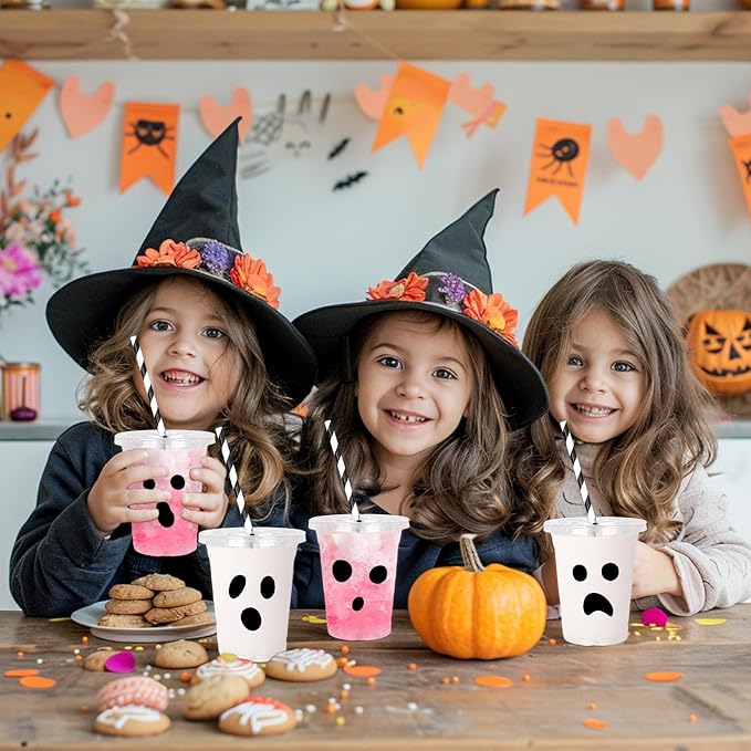 Whaline 60Pcs 12Oz Halloween Disposable Plastic Cups with Lids and Straws Black Spooky Ghost Cold Beverage Drinking Cups for Trick or Treat Birthday Party Supplies