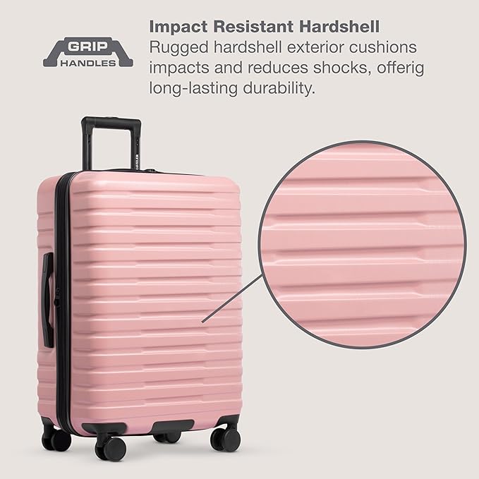 U.S. Traveler Boren Expandable Hardside Rugged Travel Luggage with 8 Spinner Wheels, Rose Pink, Checked-Medium 26-Inch