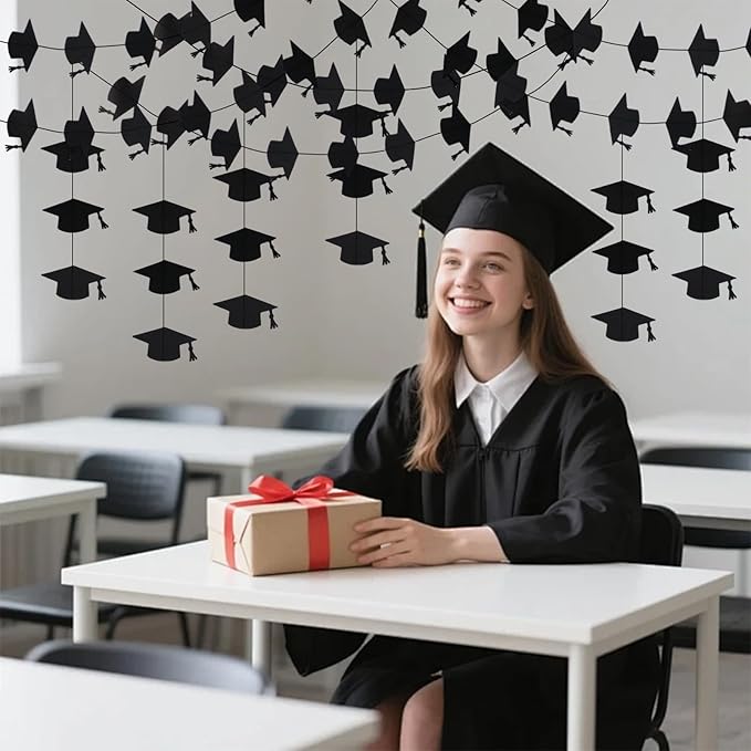Black Graduation Garland Graduation Party Decorations Class of 2026 Grad Cap Garland Banner Streamers for Grad Party Hanging Decorations 39Feet