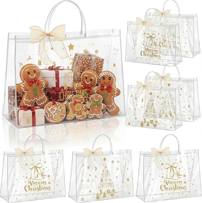 Henoyso 8 Pcs Christmas Clear Gift Bags Plastic Candy Treat Goodie Bags Red Foil Santa PVC Wrap Totes with Handles and Ribbon Xmas Party Favors (Christmas Tree,Bells,16x 6x 12 Inch)