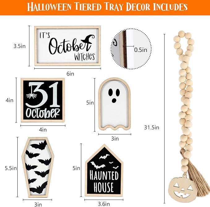 DAZONGE Halloween Decorations | 6PCS Halloween Tiered Tray Decor | Bat Coffin, Haunted House, Ghost, Witches, October 31 Sign, Bead Garland | Halloween Decor | Halloween Centerpiece for Table Shelf