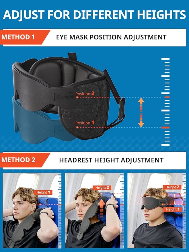 SARISUN Travel Pillows for Airplanes, Airplane Pillow with Eye Mask for Long Flight, Airplane Head Strap for Sleeping, 360° Support Headrest for Car Trip, Stop Bobblehead Travel Essential, Dark Brown