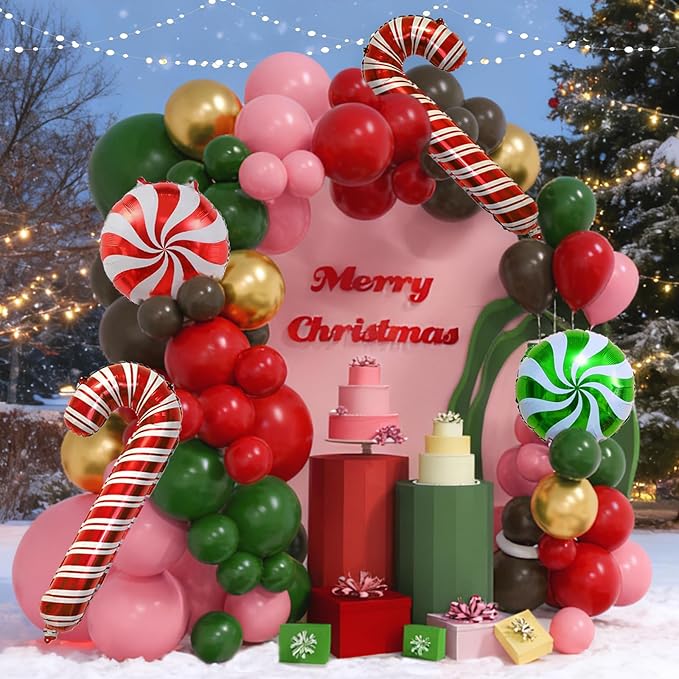 Pink Christmas Balloon Arch Kit Red Green Candy Cane Balloons Brown Gold Diy Gingerbread Balloon Arch Garland for Xmas Christmas Birthday Party Decorations Holiday New Year Decor