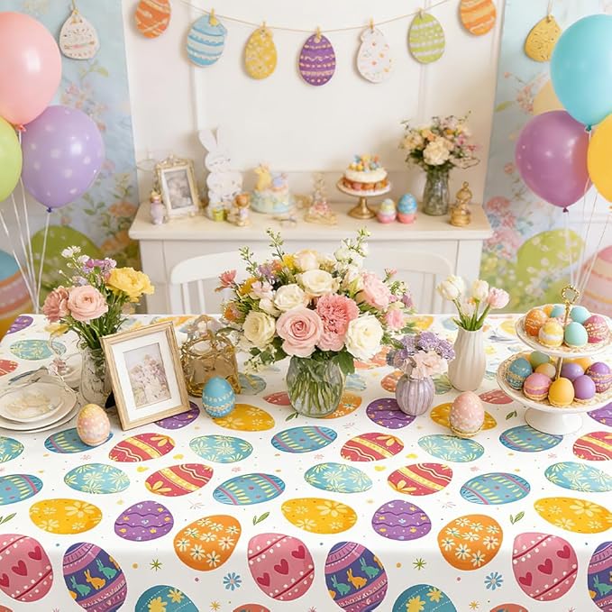 2 PCS Easter Tablecloths(54x108 Inch) Disposable Plastic Easter Eggs Tablecloth Spring Table Cloth Cover Holiday Party Favors Supplies Decorations Home Dinner Kitchen Table Decor Backdrop Photo Props