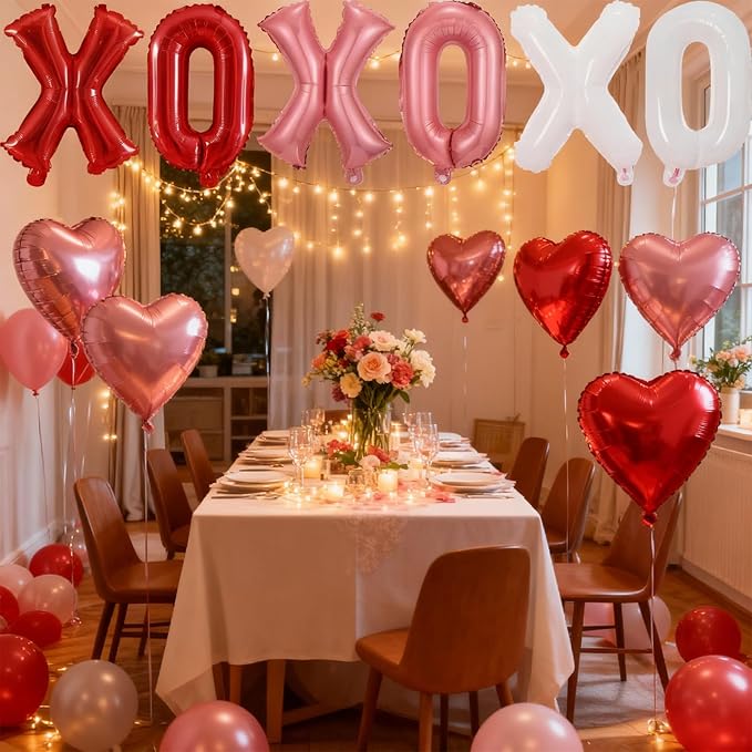 12 Pcs XO Valentines Balloons, 16 Inch Red Pink XOXO Letters Foil Mylar Balloons Banner Valentine Day Balloon Decorations for Romantic Galentines Day Bridal Shower Engagement Anniversary Party Decor