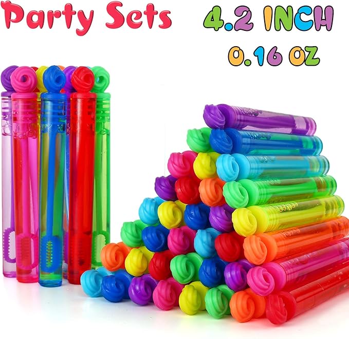 Bubble Wands Party Favors Pack of 64, Mini Neon Bubble Wands | Odor-Free Non-Toxic Kids’ Bath Toy/Birthday Treats Bubble Maker Toys for Kids | Outdoor Summer Events & Celebration Toy Gift