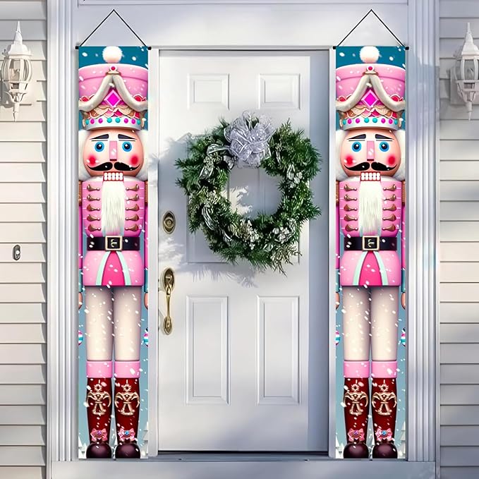 Pink Nutcracker Christmas Porch Banners 71x12 Inch Holiday Door Banner Decorations Hanging Soldier Welcome Signs for Xmas Indoor Outdoor Winter Front Door Party Décor